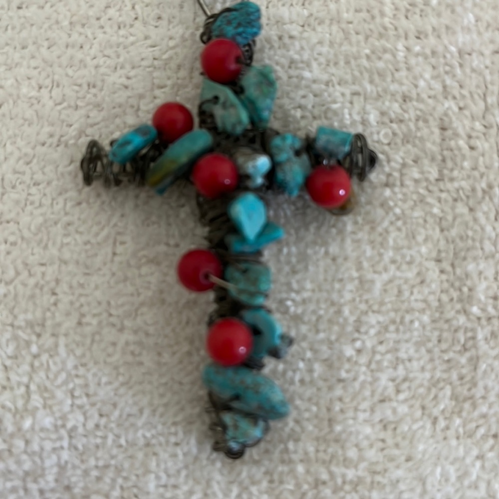 Rebecca Ellis Turquoise and Coral Cross Wrapped Wire Pendant